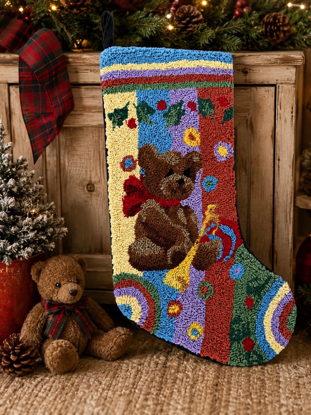 Vintage Hand Hooked Wool Teddy Bear Christmas Stocking Holiday Decor